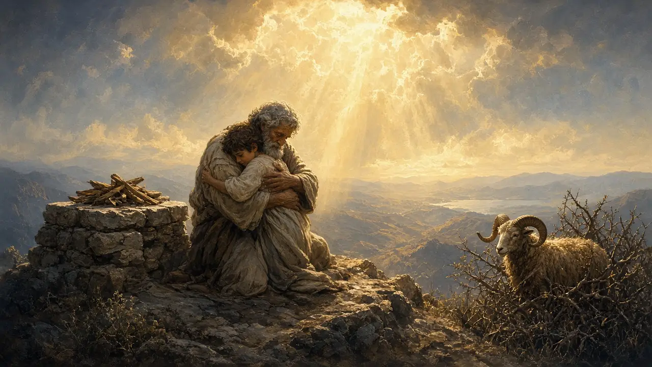 Painting of Abraham embracing young Isaac on a mountaintop beside a stone altar while a ram stands caught in a thicket