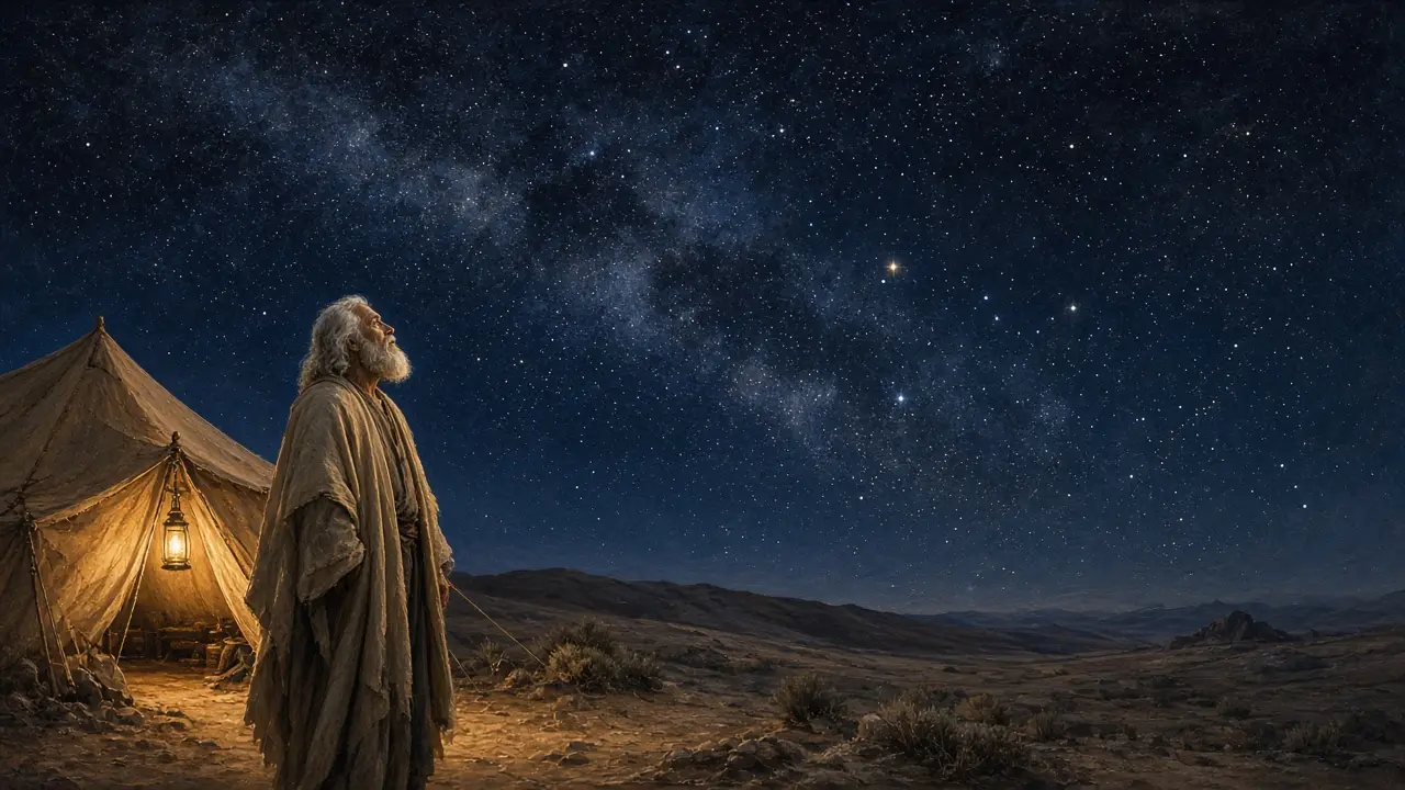 Painting of an old bearded man outside his lamplit tent gazing up at a sky full of stars and the Milky Way