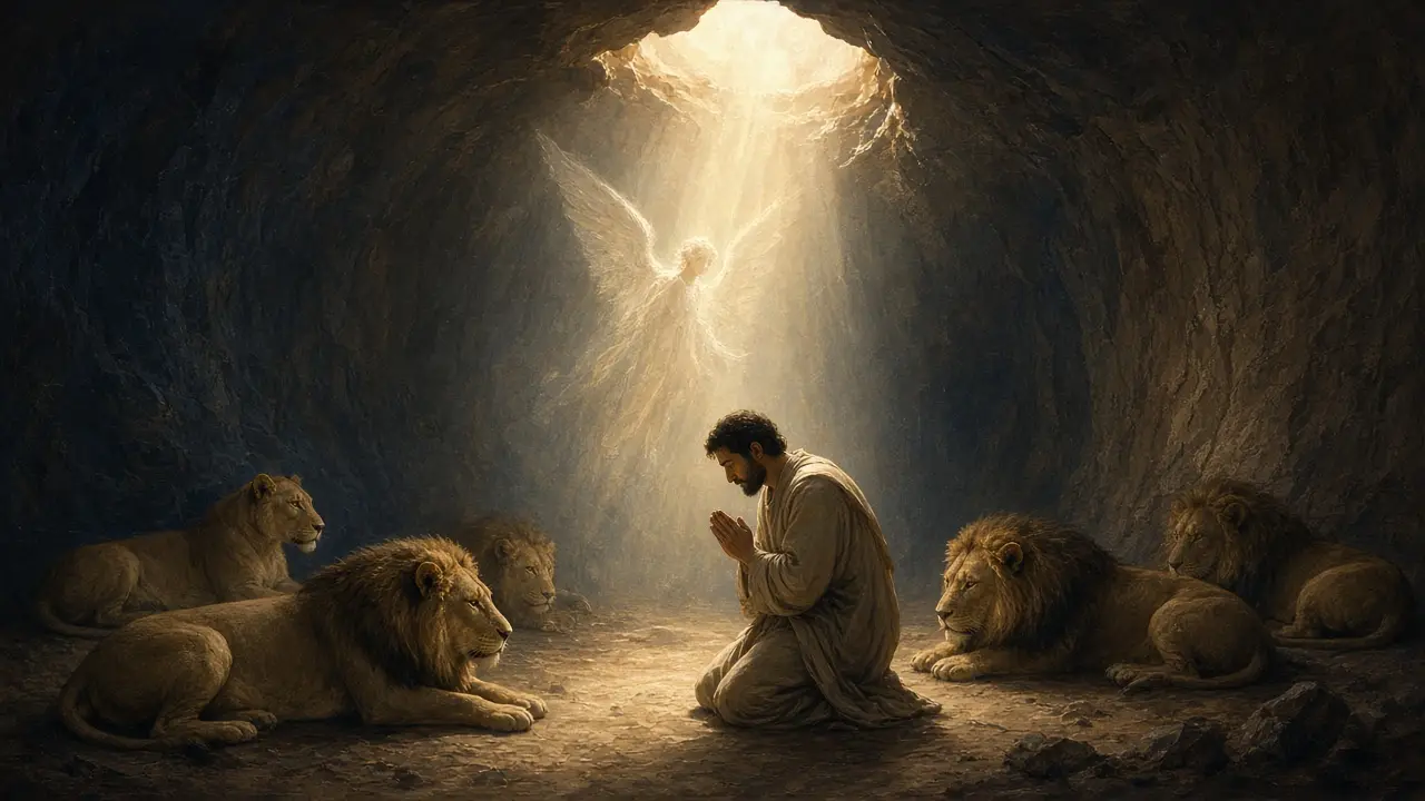 Painting of Daniel kneeling in prayer in a dim den between resting lions as an angel appears in light from above