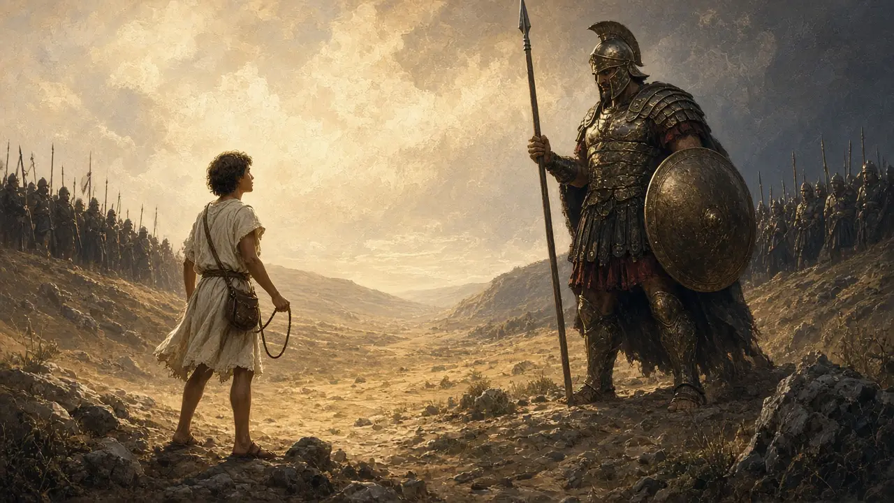 Painting of young David with a sling facing the armored giant Goliath, who holds a spear and round shield