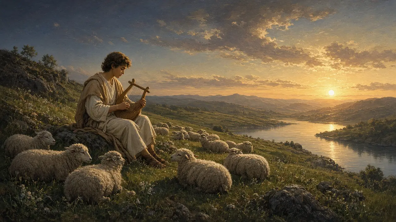 Painting of young David playing a lyre on a hillside among resting sheep, a river valley glowing at sunset