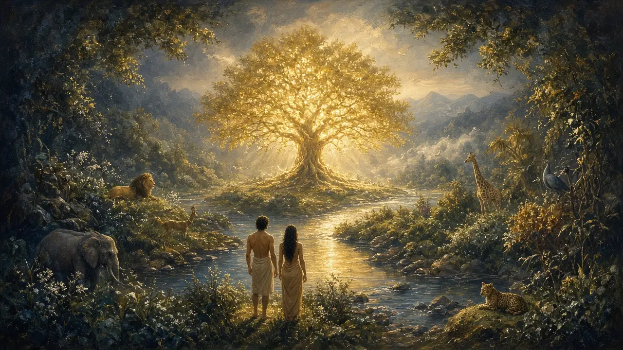 Painting of a man and woman standing by a river beneath a great glowing tree, with lions, an elephant and deer in a lush garden
