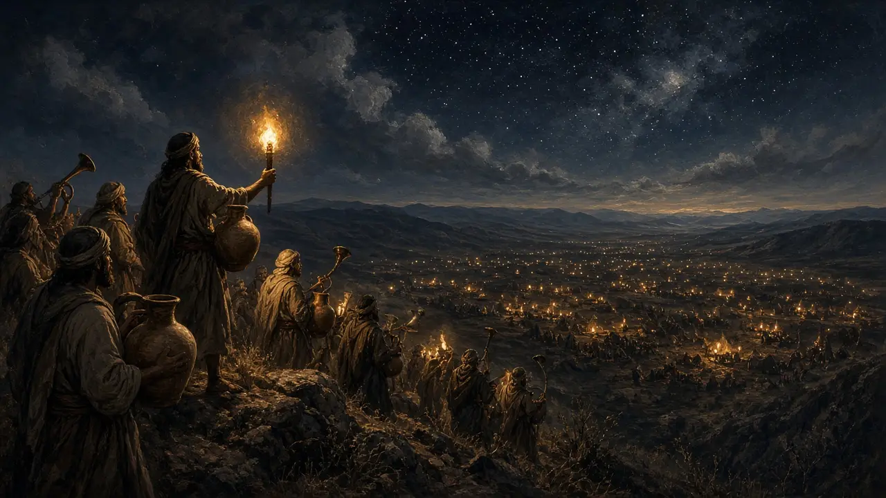 Painting of Gideon holding a torch and clay jar on a hilltop at night above a valley full of enemy campfires