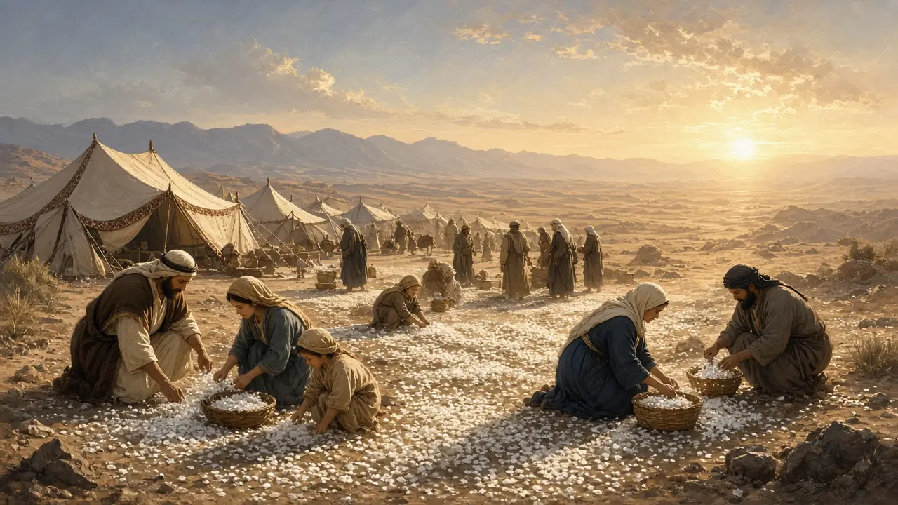 Painting of Israelites kneeling to gather white manna covering the desert ground by their tent camp at sunrise