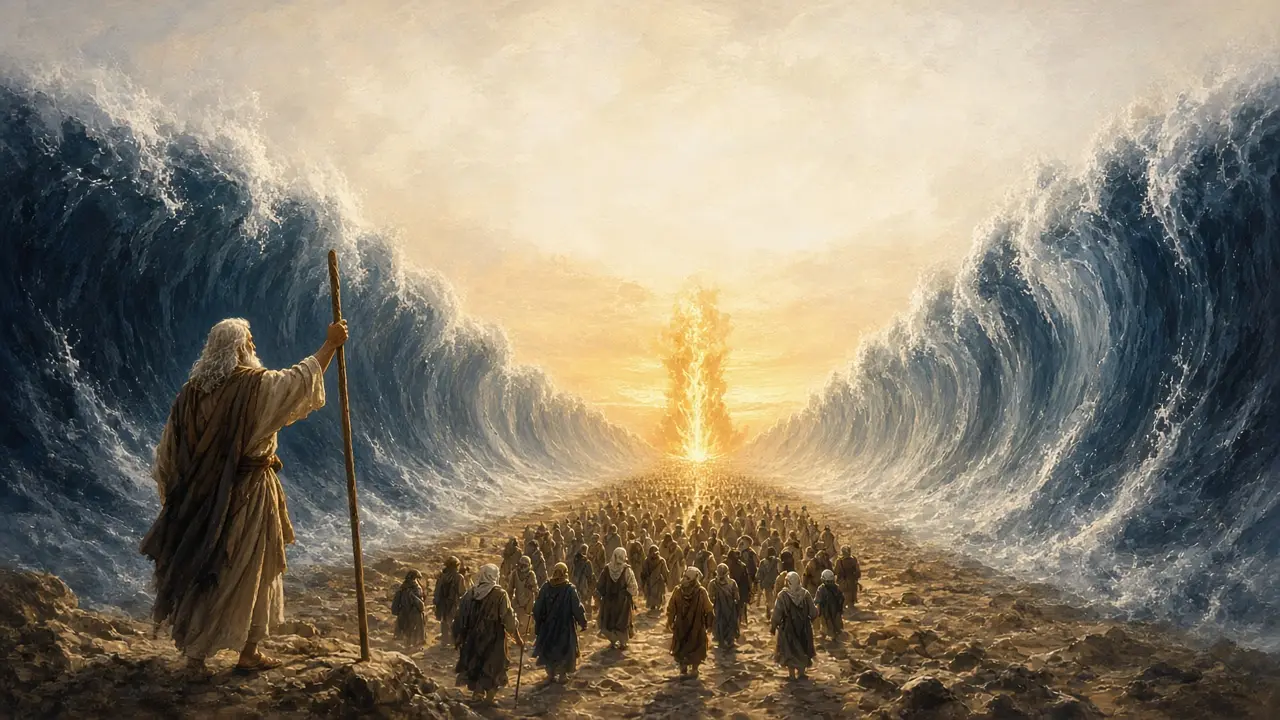 Painting of Moses with his staff as the sea stands in towering walls of water and Israel crosses on dry ground toward a pillar of fire